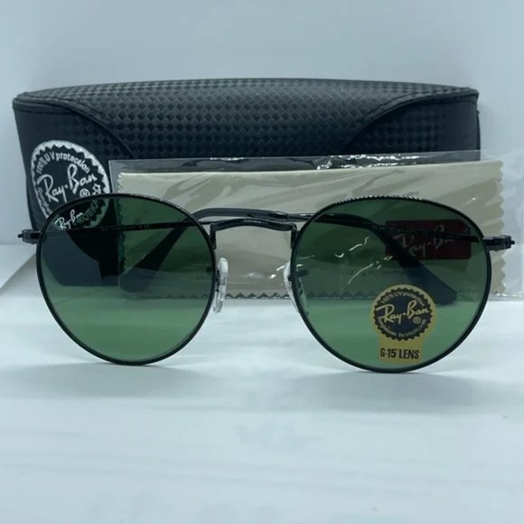 Bran New Rayban Round Rb3447 Black with Green lens 50 - Picture 1 of 6